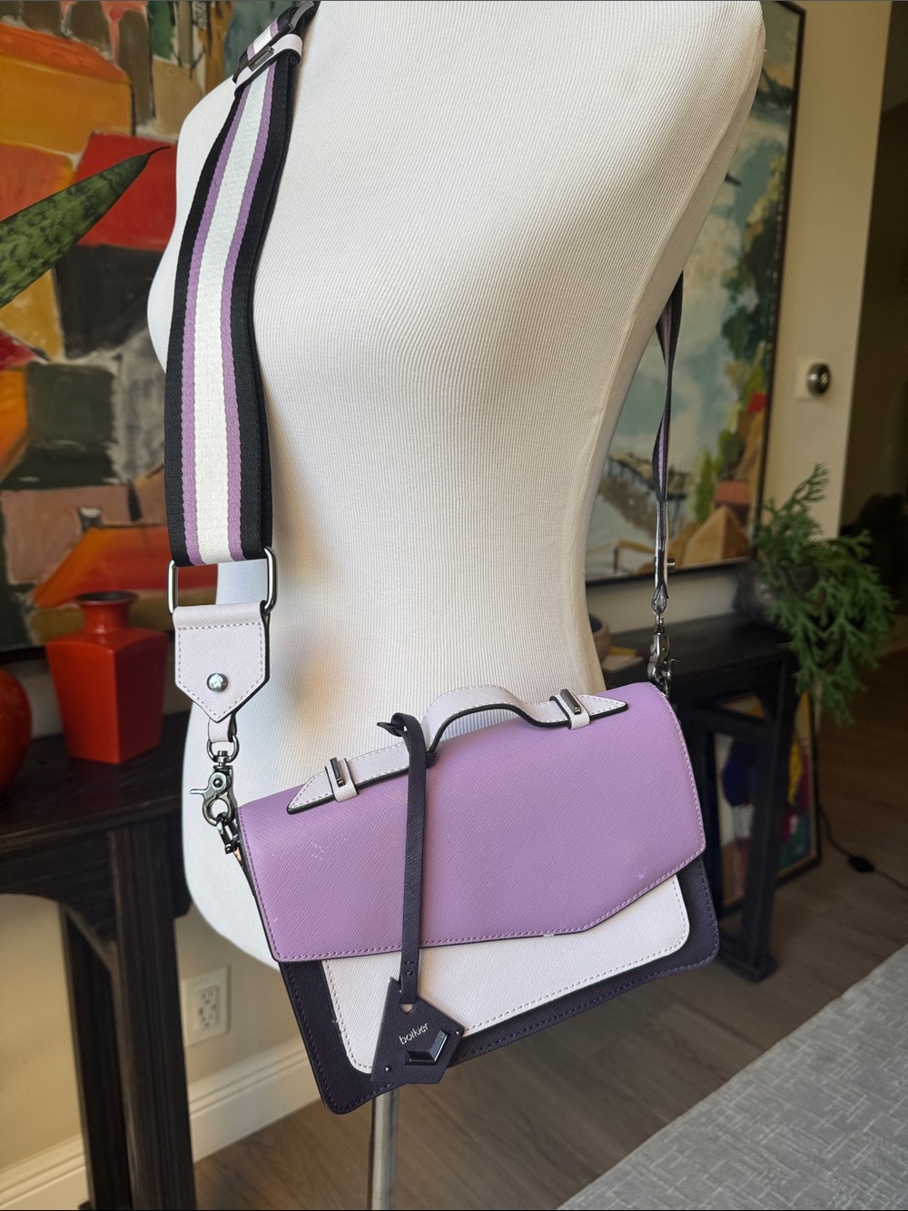 Botkier Purple and White Colorblock Leather Crossbody with Striped Strap